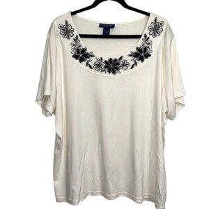 Karen Scott Woman 2X White Embroidered Floral Scoop Neck Short Sleeve Cotton Top